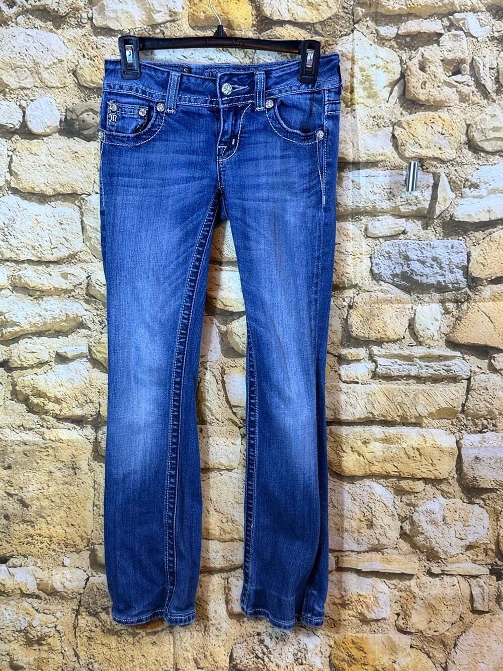 Miss Me Signature Sequin Flap Pocket Bootcut Jeans Blue Denim